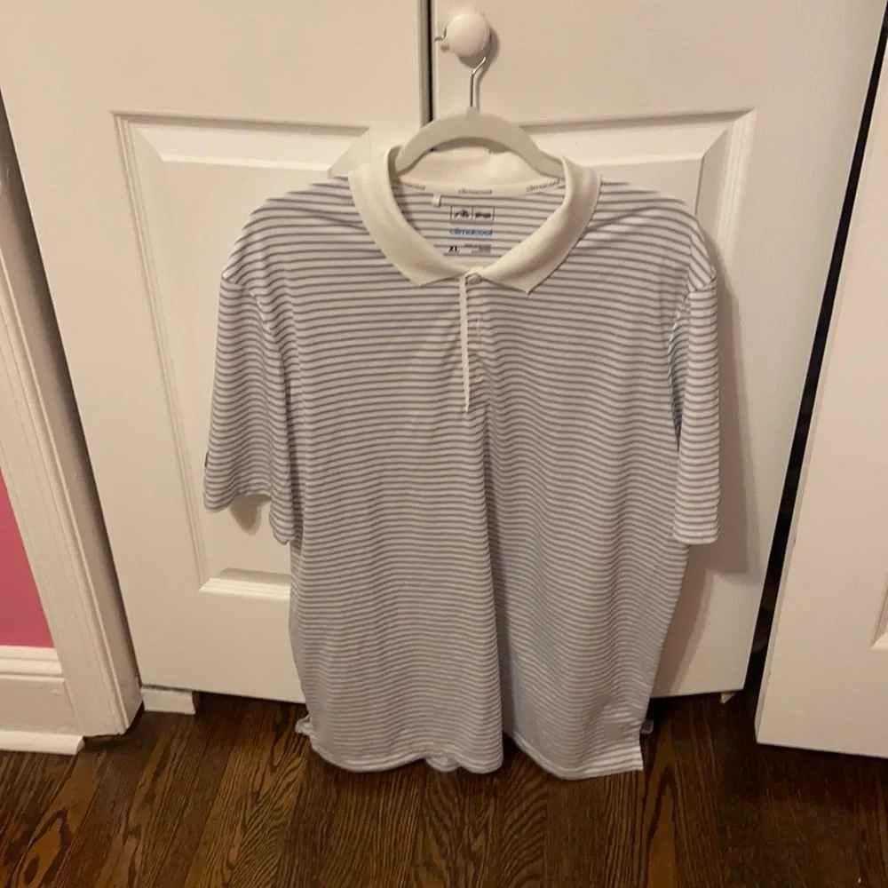 Adidas Blue & White Striped Polo - Picture 1 of 4